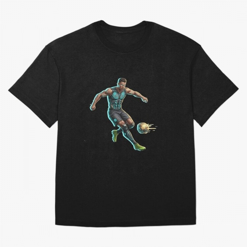Cyberpunk Cristiano Ronaldo: Futuristic CR7 Kicking Glowing Soccer Ball Fan Art T-Shirt Turn Up For FIFA World Cup 2026 Spirit, Centered On, Nike Football Jersey For Match Day, Adidas Soccer Shirt For Cristiano Ronaldo Fans, Jordan Fan Top, Son