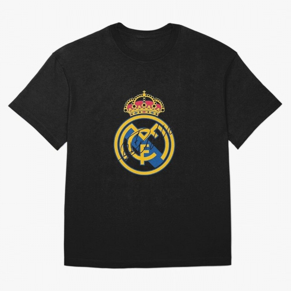 Real Madrid C.F. crest with Cristiano Ronaldo's autograph T-Shirt Cristiano Ronaldo England Football Jersey, Jordan Football Tee, World Cup 2026, Adidas Fan Shirt, Nike Supporter Top, Saka Ghana Fan Club