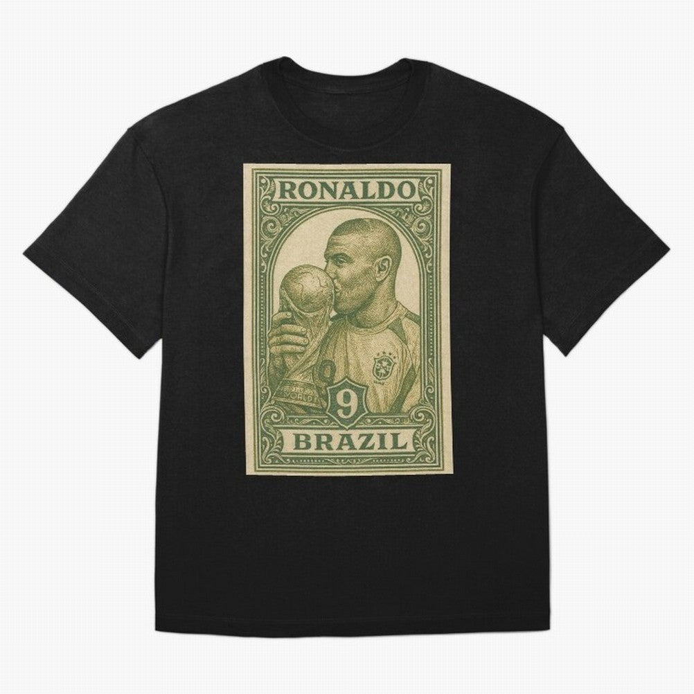 Vintage Brazilian Ronaldo Fenomeno R9 Football Legend Stamp Illustration ¨C Retro Soccer World Cup Art Print T-Shirt Follow The Final Road Of FIFA World Cup 2026 USA Canada, Nike Match Day Jersey For Match Day, Adidas Supporter Tee For Messi Fans,