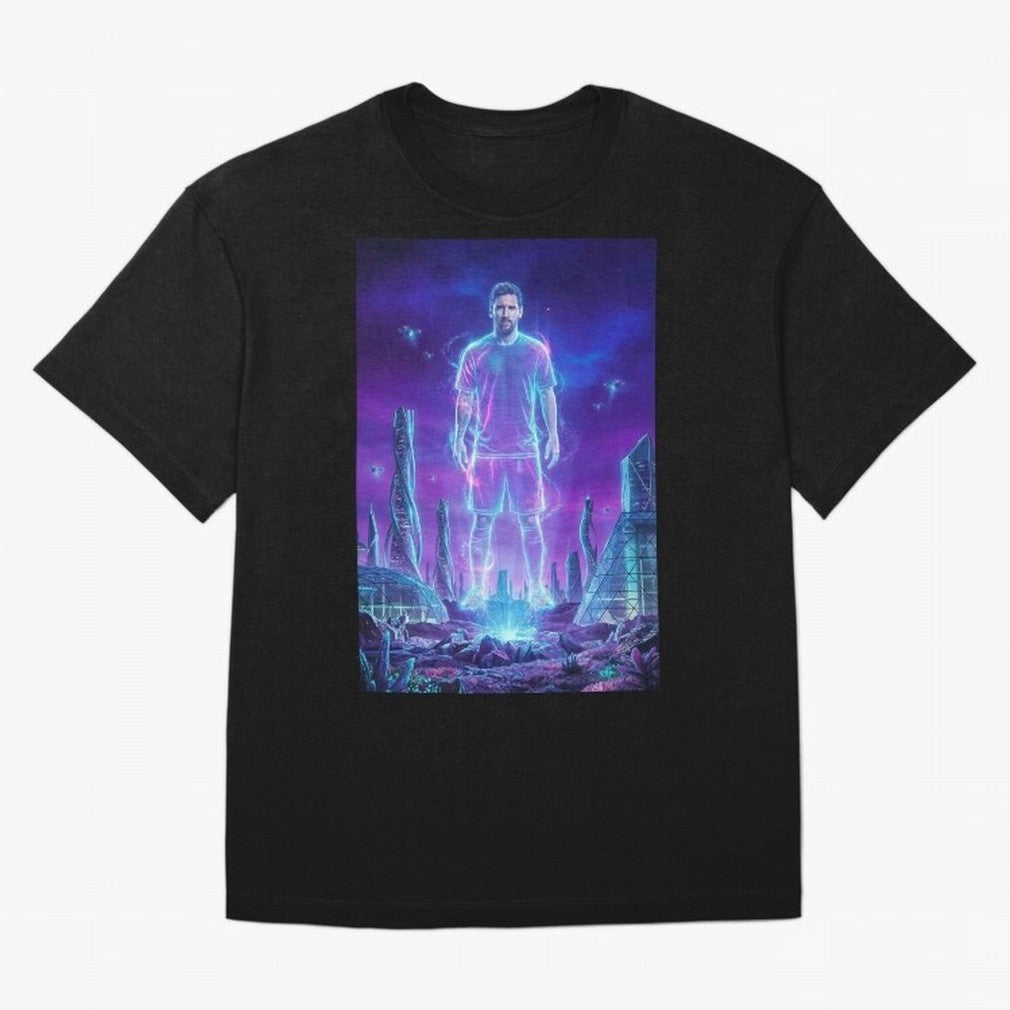 Lionel Messi (GOAT) Hologram in Futuristic Cyberpunk City (Version 5) Classic T-Shirt Messi Brazil Football Jersey, Nike Match Day Shirt, World Cup 2026, Adidas Supporter Tee, Jordan Soccer Fan Top, De Bruyne USA Match Day