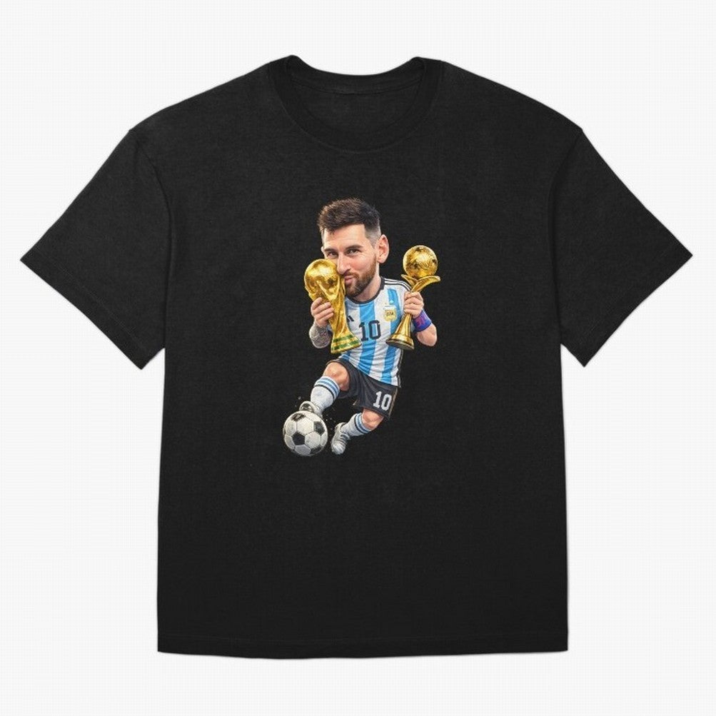 Lionel Messi ¨C Trophy King Caricature T-Shirt Celebrate Football Heritage In FIFA World Cup 2026 For, Adidas Football Jersey For Goal Celebration, Nike Soccer Shirt For Messi Fans, Jordan Match Day Top, Mbappe Uruguay Group Stage