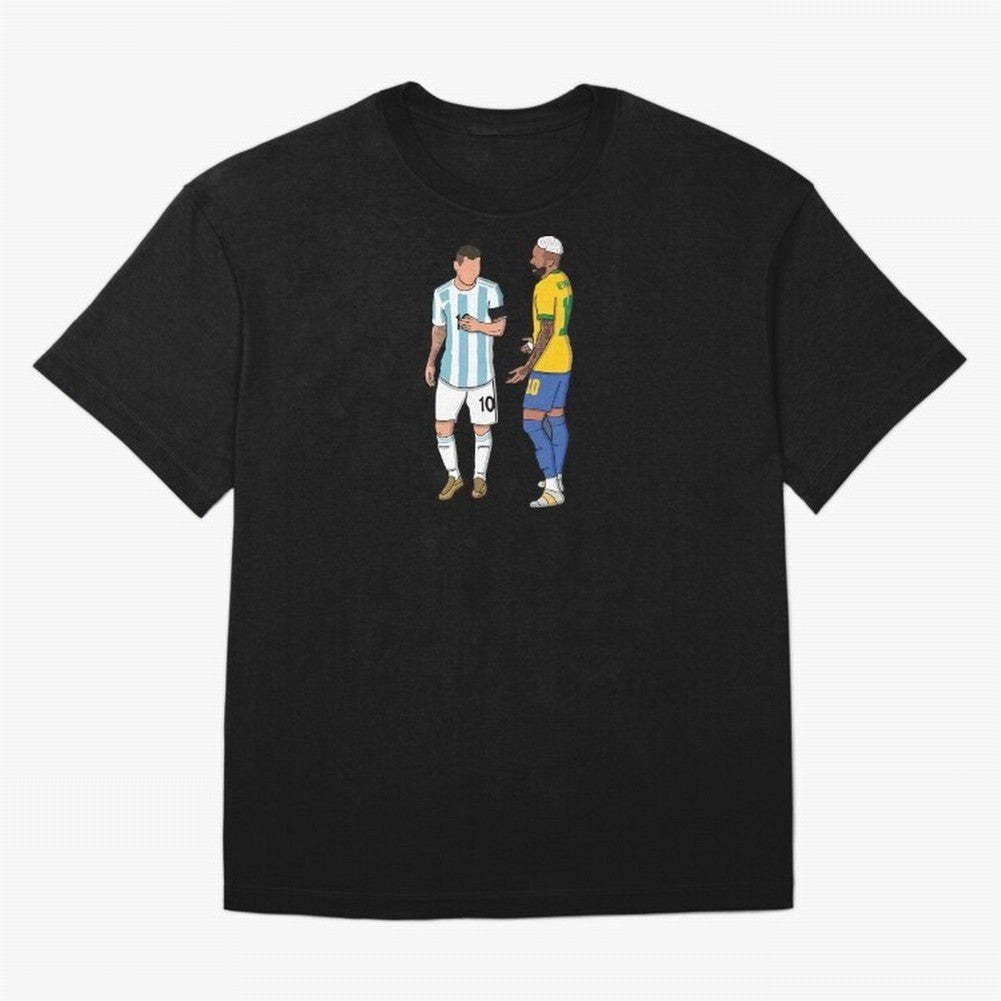 Messi and Neymar Chit Chat Illustration T-Shirt Celebrate Rivalries And Pride In FIFA World Cup 2026, Adidas Match Day Jersey For Group Stage, Jordan Football Shirt For Messi Fans, Nike Soccer Fan Top, Salah Ecuador Knockout Round