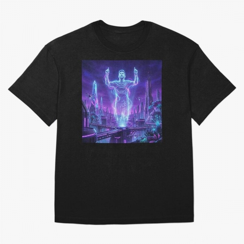 Lionel Messi (GOAT) Hologram in Futuristic Cyberpunk City (Version 2) Classic T-Shirt FIFA World Cup 2026 Ecuador Bellingham Fan Jersey, Jordan Supporter Tee, Argentina Supporter Shirt, Nike World Cup Shirt, Mbappe Adidas Football Fan Top, Neymar