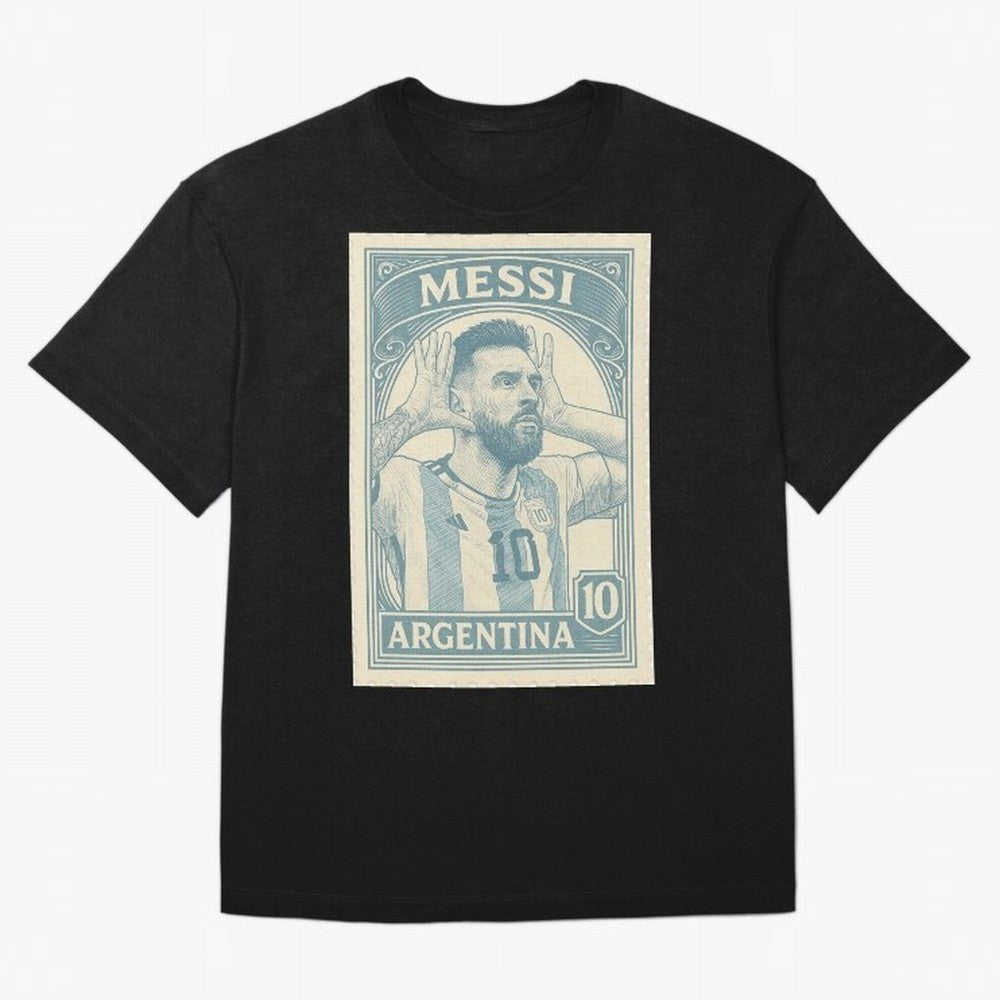 Lionel Messi Vintage Stamp Poster ¨C Argentina #10 Retro Football Art ¨C Barcelona Legend Illustration Classic T-Shirt Messi England Football Jersey, Adidas Soccer Tee, World Cup 2026, Nike Football Fan Shirt, Jordan Supporter Top, Vinicius Norway