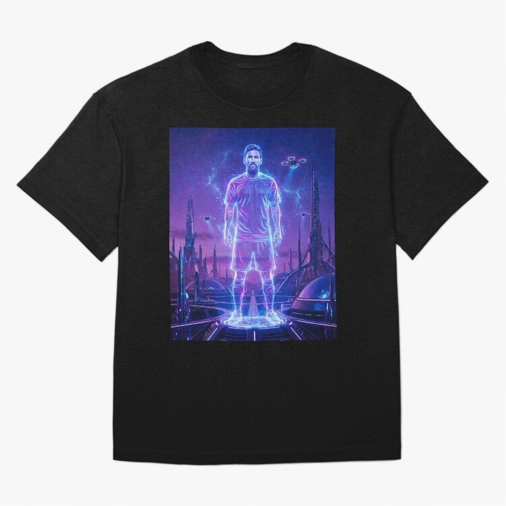 Lionel Messi (GOAT) Hologram in Futuristic Cyberpunk City (Version 4) Classic T-Shirt FIFA World Cup 2026 Ecuador Neymar Fan Jersey, Jordan Supporter Tee, Spain Supporter Shirt, Nike World Cup Shirt, Messi Adidas Football Fan Top, Lewandowski