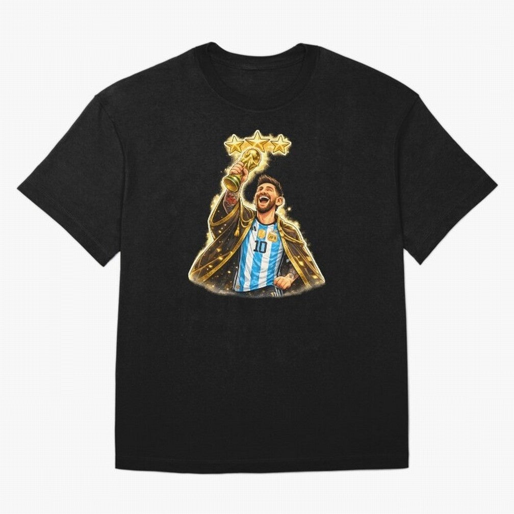 Messi King of Football World Champion ¨C Argentina 3 Stars Trophy Celebration Classic T-Shirt Messi France Football Jersey, Jordan Football Tee, World Cup 2026, Adidas Fan Shirt, Nike Supporter Top, Pedri France Football Fans