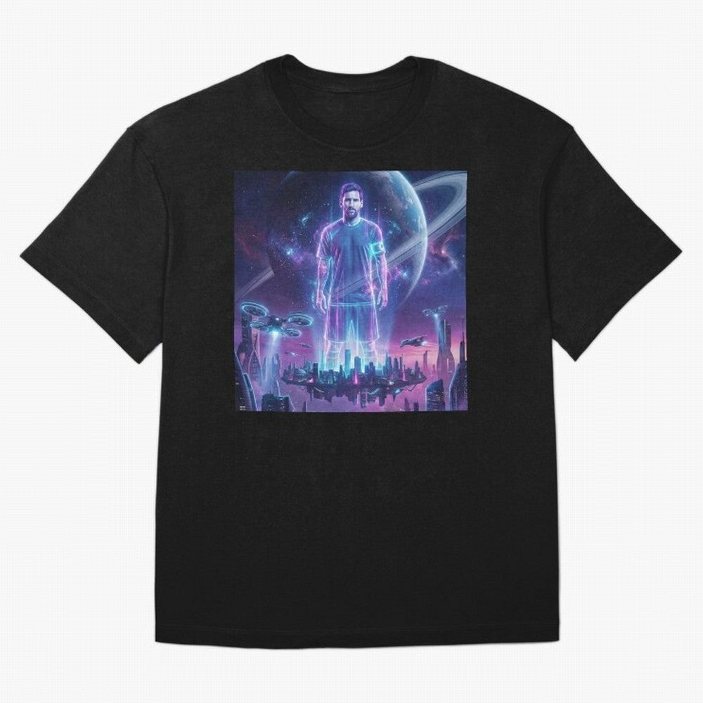 Lionel Messi (GOAT) Hologram in Futuristic Cyberpunk City (Version 3) Classic T-Shirt Feel The Trophy Chase Of FIFA World Cup 2026 Spirit Fan Jersey, Jordan Supporter Tee, Portugal Supporter Shirt, Nike World Cup Shirt, Messi Adidas Football Fan