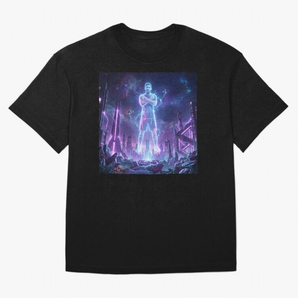 Lionel Messi (GOAT) Hologram in Futuristic Cyberpunk City Classic T-Shirt Show Your Tournament Heart For FIFA World Cup 2026 Group, Adidas Soccer Jersey For Group Stage, Nike Football Fan Shirt For Cristiano Ronaldo Fans, Jordan Supporter Top,