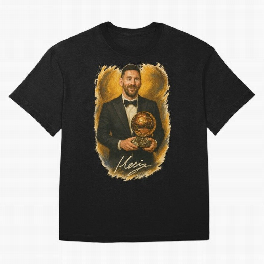 Lionel Messi Ballon d'Or Portrait ¨C Football Legend in Tuxedo Holding Trophy Classic T-Shirt Mbappe Germany Football Jersey, Nike Football Tee, World Cup 2026, Adidas Soccer Shirt, Jordan Fan Top, Salah France Stadium Chant
