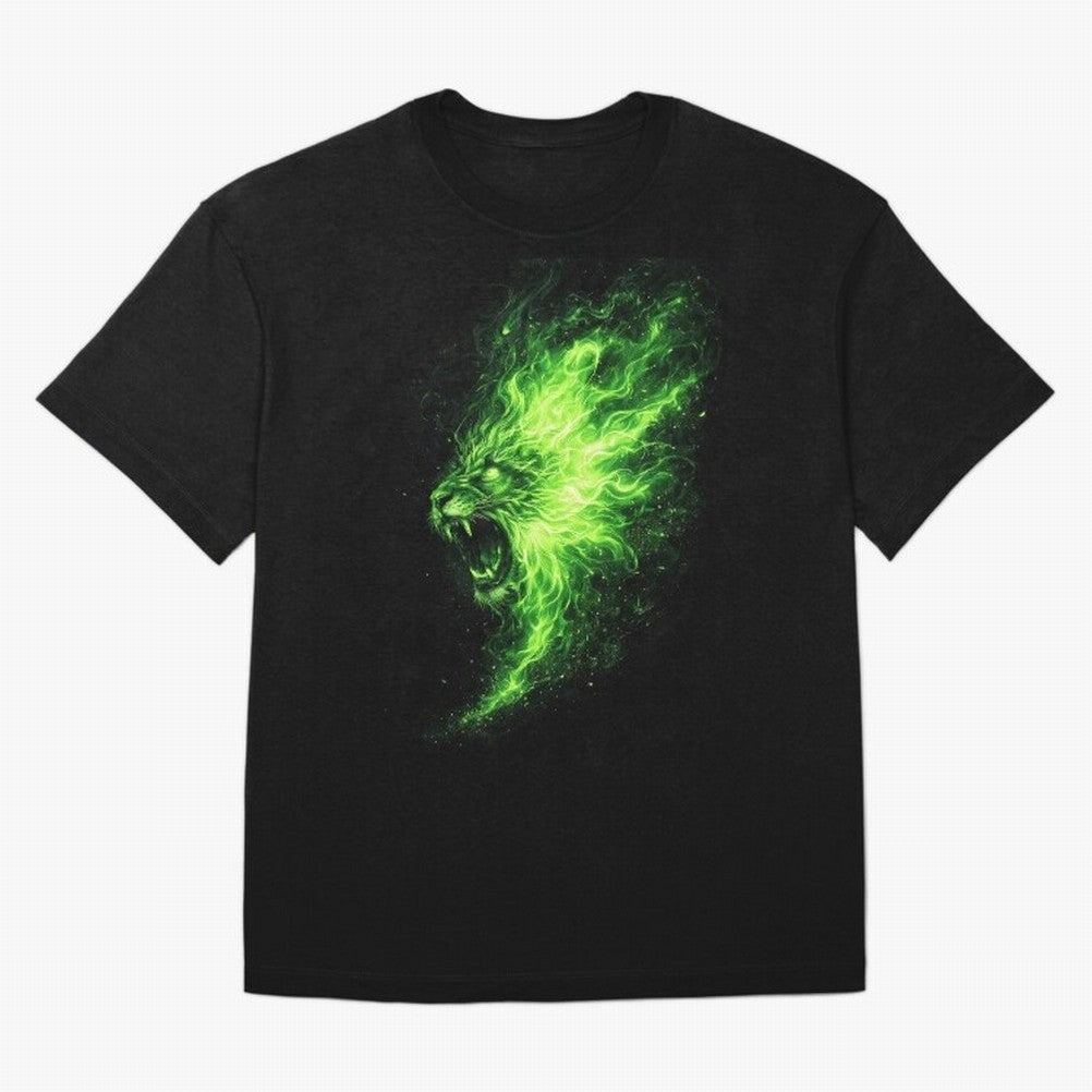 Neon Green Flame Lion ¨C Glowing Fire Roar Beast Graphic | Dark Aesthetic Streetwear Design Graphic T-Shirt Turn Football Passion Into FIFA World Cup 2026 For Fans, Adidas Football Jersey For Final Match, Nike Soccer Shirt For Mbappe Fans, Jordan