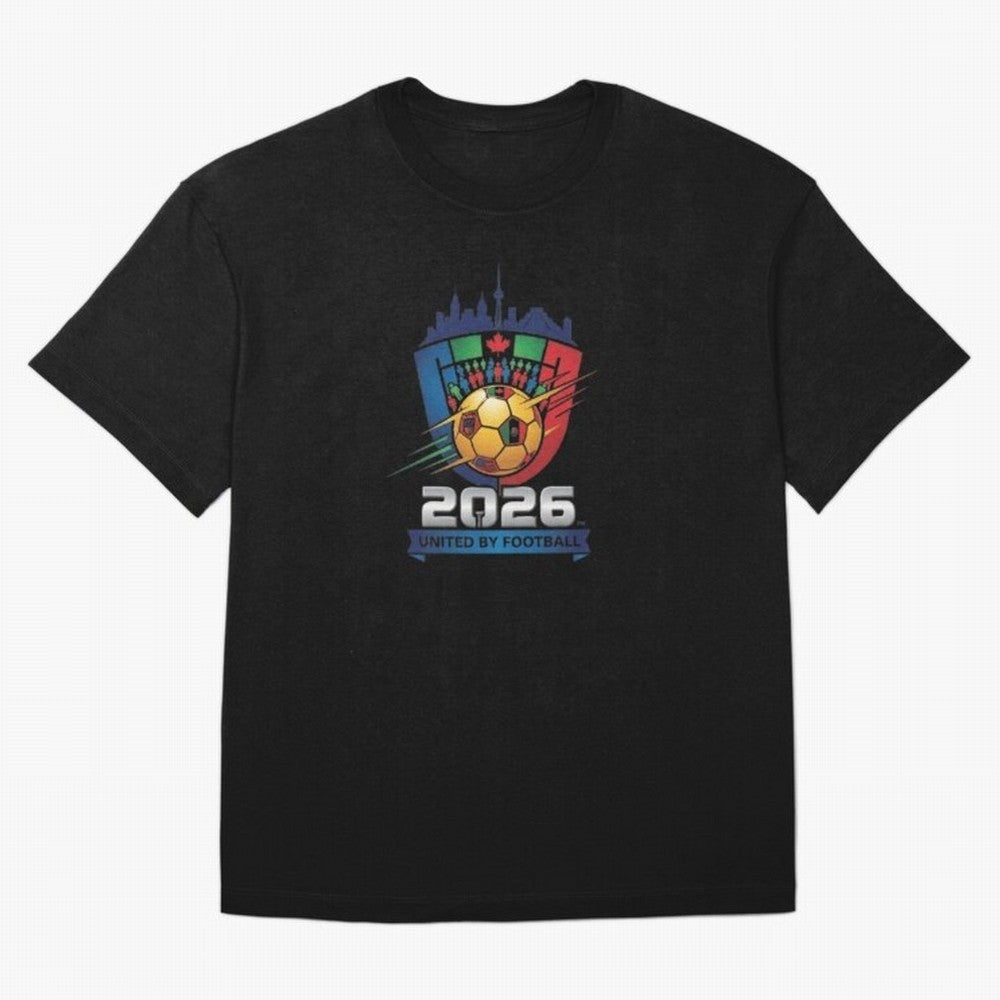 2026 World Cup United by Football Shield Emblem with Skyline Classic T-Shirt Haaland England Football Jersey, Jordan Supporter Tee, World Cup 2026, Nike World Cup Shirt, Adidas Football Fan Top, Lewandowski Norway Soccer Fans