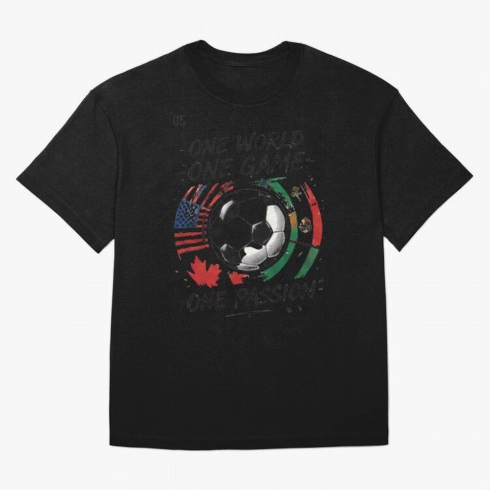 One World One Game Football Graphic Tee Classic T-Shirt Bring FIFA World Cup 2026 USA Canada Mexico Capturing, Adidas Soccer Jersey For Match Day, Nike Football Fan Shirt For Messi Fans, Jordan Supporter Top, Rodri Canada Supporter Night