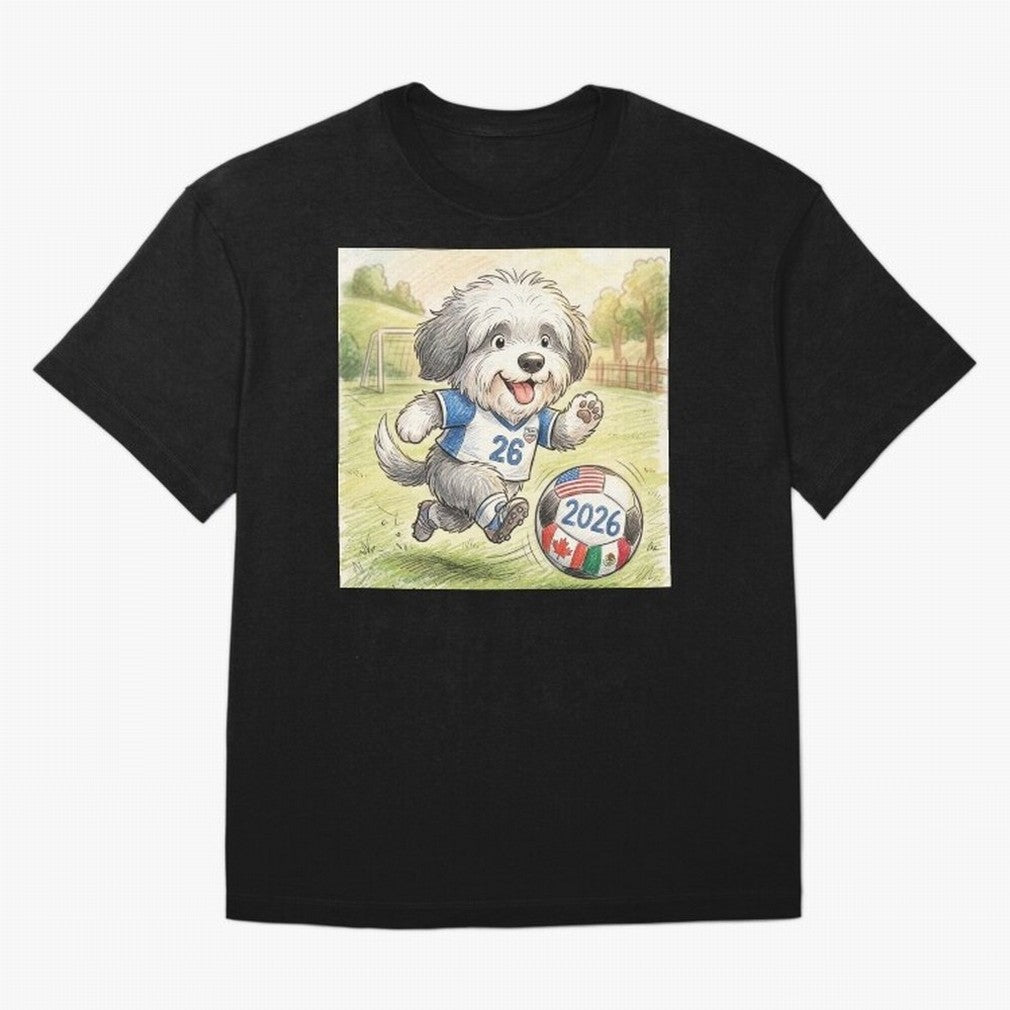 Cute Sheepdog Soccer Star - 2026 World Cup Fluffy Puppy Classic T-Shirt FIFA World Cup 2026 Canada Griezmann, Jordan Football Jersey For Match Day, Adidas Fan Shirt For Mbappe Fans, Nike Supporter Top, De Bruyne Argentina Fan Club
