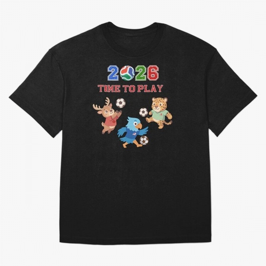 Soccer Mascots 2026 USA Mexico Canada Time To Play T-Shirt Mbappe Portugal Football Jersey, Nike Fan Tee, World Cup 2026, Jordan Soccer Shirt, Adidas Match Day Top, Vinicius Ghana Goal Celebration