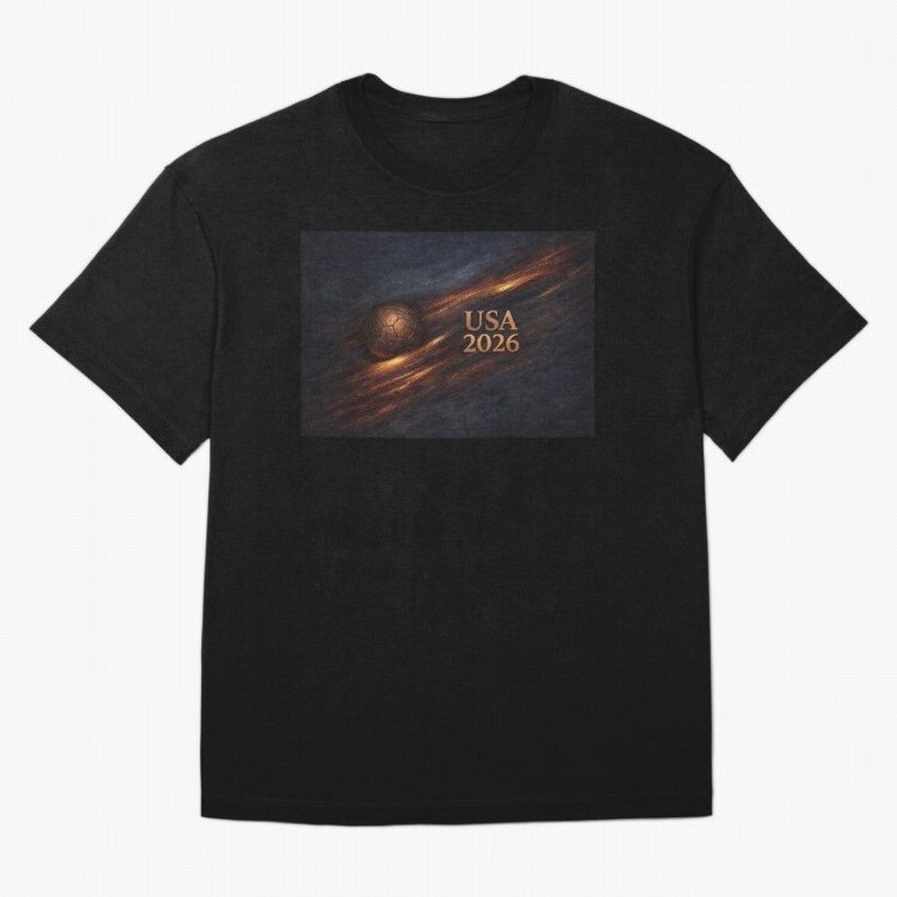 Soccer Ball with USA 2026 Inspired T-Shirt Celebrate Fan Favorites In FIFA World Cup 2026 Inspired Fan Jersey, Nike Fan Tee, Argentina Supporter Shirt, Jordan Soccer Shirt, Mbappe Adidas Match Day Top, Musiala Brazil Goal Celebration