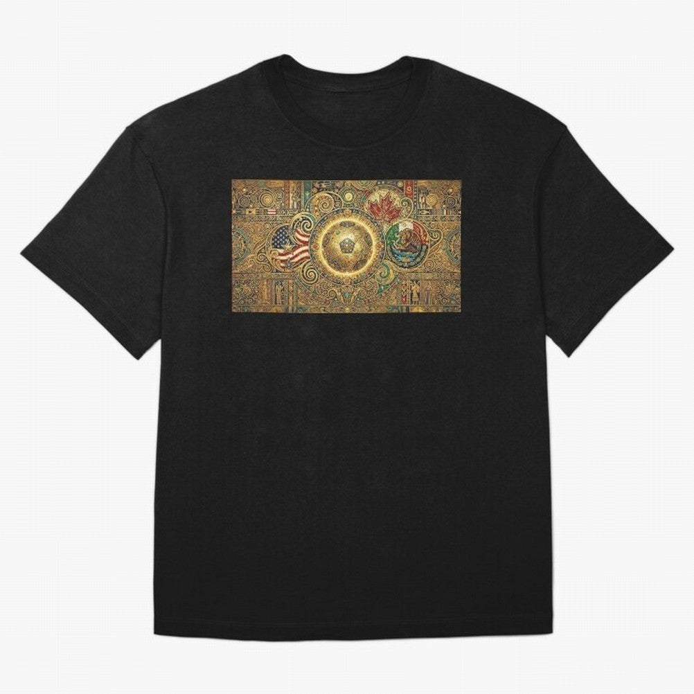 Ornate Soccer Emblem with Flags T-Shirt Bring Supporter Culture To FIFA World Cup 2026 USA Canada, Jordan Supporter Jersey For Group Stage, Nike World Cup Shirt For Messi Fans, Adidas Football Fan Top, Mbappe Spain Goal Celebration