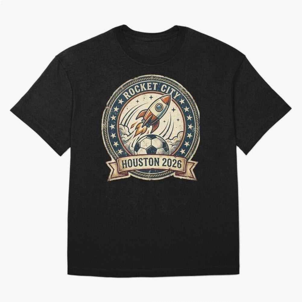 Houston 2026 World Cup Host City Vintage Football Badge ¡ª Rocket City Space Soccer Crest Design T-Shirt Show Match Day Excitement For The FIFA World Cup 2026 USA Jersey, Nike Match Day Shirt, Messi Portugal Fans, Adidas Supporter Tee, Jordan