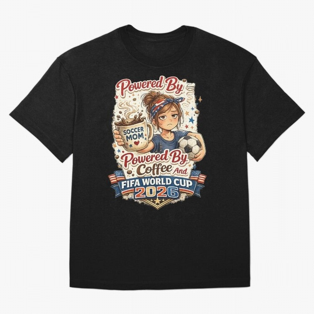 Funny USA Football Design Soccer Mom Powered By Coffee And FIFA World Cup 2026 T-Shirt Germany Messi World Cup 2026 Jersey, Nike Fan Tee, Match Day, Jordan Soccer Shirt, Adidas Match Day Top, Cristiano Ronaldo Netherlands Goal Celebration