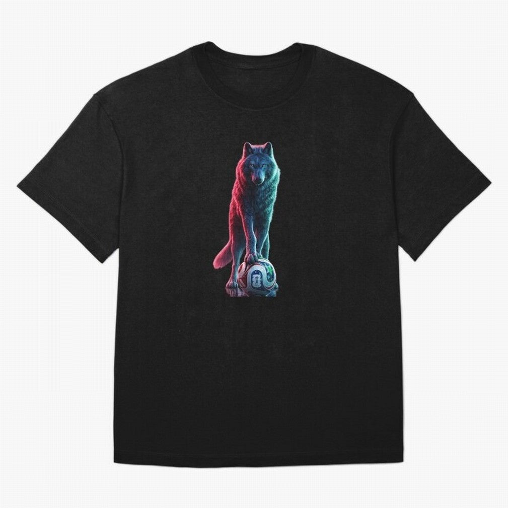 Neon Alpha Wolf with Soccer Ball | Futuristic Sports Fantasy Art T-Shirt Honor Football Greatness During FIFA World Cup 2026 Jersey, Adidas Soccer Tee, Neymar Spain Fans, Nike Football Fan Shirt, Jordan Supporter Top, Salah Mexico Supporter Night