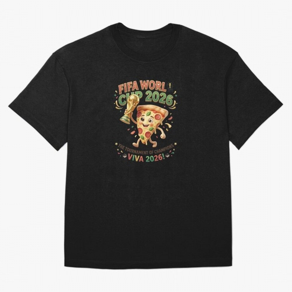 Happy Pizza Character Holding World Cup 2026 Trophy T-Shirt Portugal Messi World Cup 2026 Jersey, Jordan Football Tee, Goal Celebration, Adidas Fan Shirt, Nike Supporter Top, Neymar Portugal Fan Club