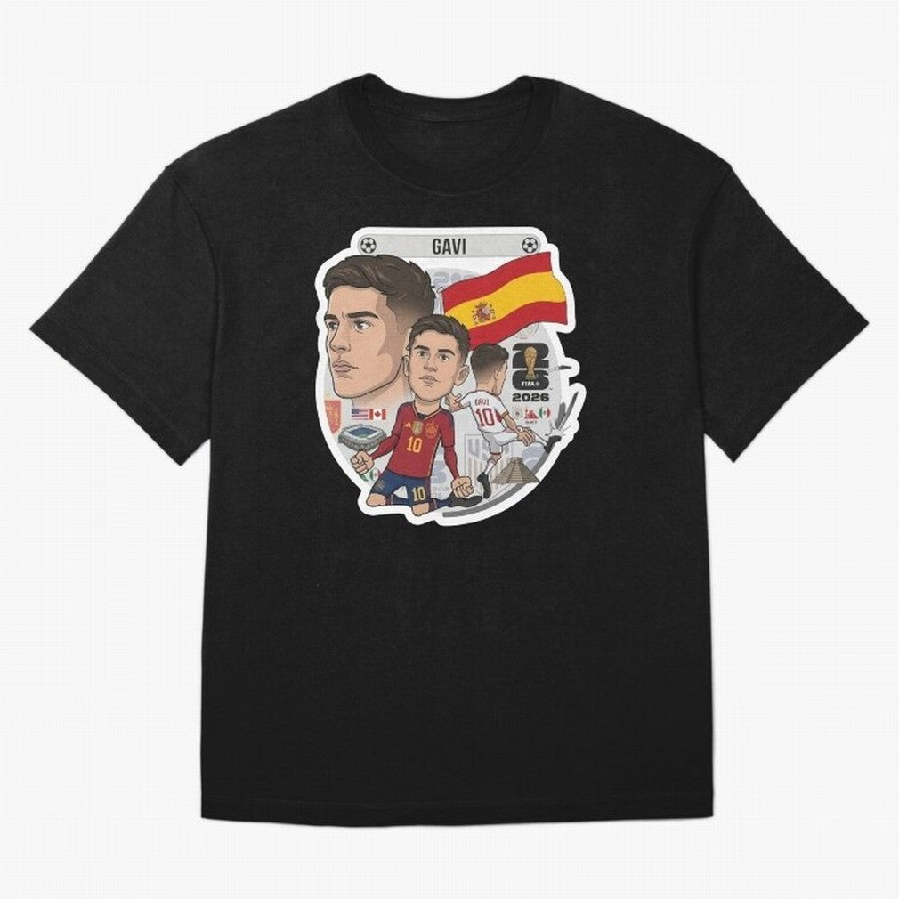 Gavi Spain National Team Football Cartoon Illustration T-Shirt Messi Spain Football Jersey, Jordan Supporter Tee, World Cup 2026, Nike World Cup Shirt, Adidas Football Fan Top, Son Norway Goal Celebration